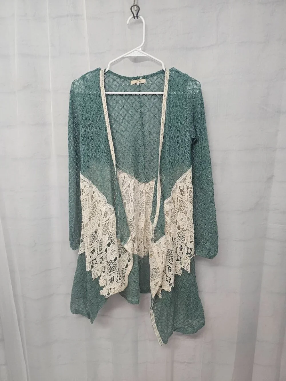 Ryu Cardigan Crochet Lace Open Sheer Boho Shabby Chic Green Cream S